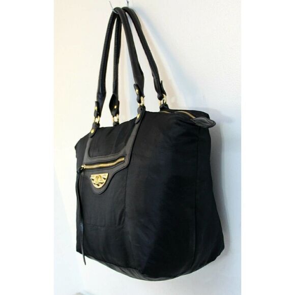 LARGE SAM EDELMAN BLACK NYLON VEGAN LEATHER HOBO TOTE SHOULDER BAG BOHO HANDBAG - Picture 3 of 10